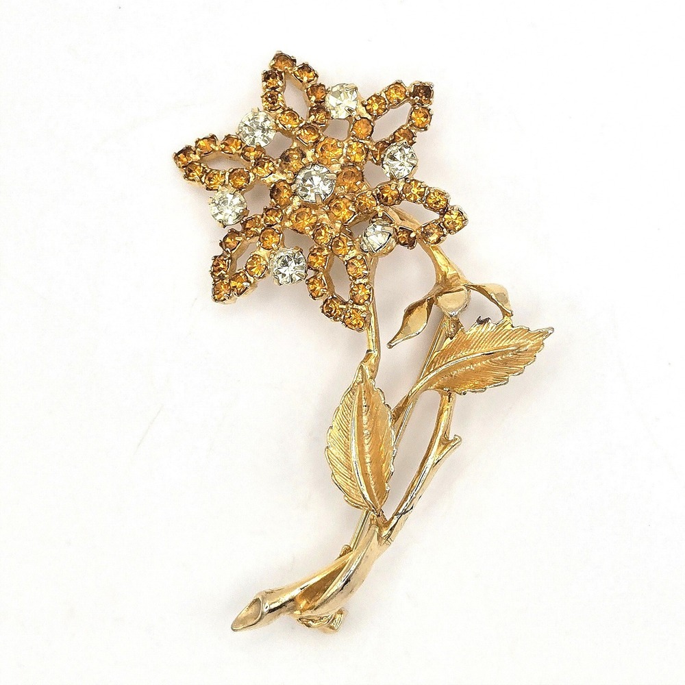 Vintage Gold Tone Honey Rhinestone Flower Brooch Pin Mid Century Floral Jewelry